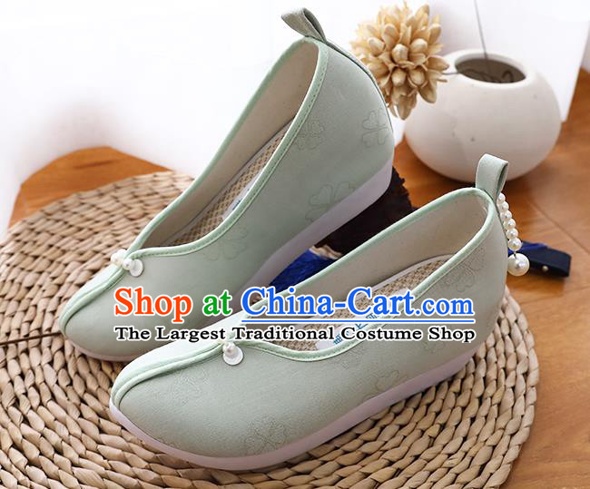 Chinese Classical Clover Pattern Light Green Shoes Traditional Song Dynasty Princess Shoes Hanfu Cloth Shoes