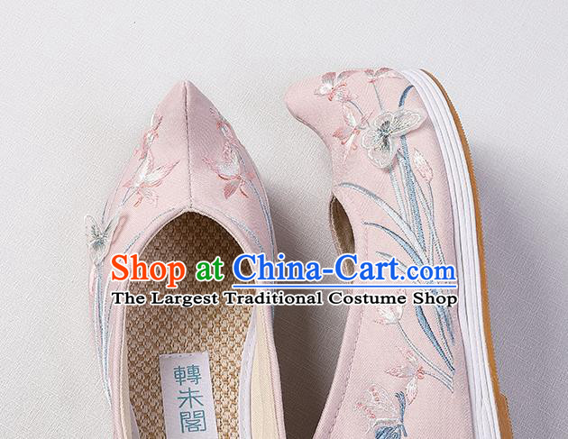 Chinese Handmade Embroidered Orchids Shoes Traditional Hanfu Bow Shoes Ming Dynasty Princess Pink Shoes