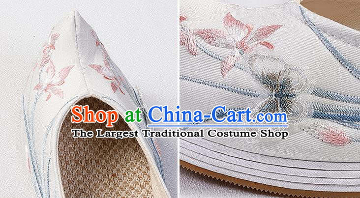 Chinese Traditional Hanfu Bow Shoes Ming Dynasty Princess White Shoes Handmade Embroidered Orchids Shoes
