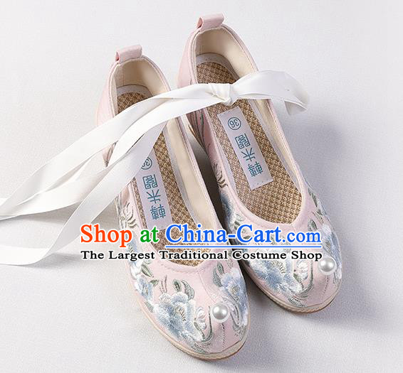 Chinese Hanfu Pink Cloth Shoes Traditional Wedge Heel Shoes Handmade Embroidered Peony Shoes