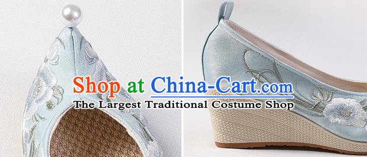 Chinese Hanfu Blue Satin Shoes Handmade Embroidered Peony Shoes Traditional Wedge Heel Shoes