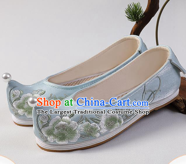 Chinese Handmade Embroidered Peach Blossom Shoes Traditional Hanfu Shoes Blue Satin Bow Shoes
