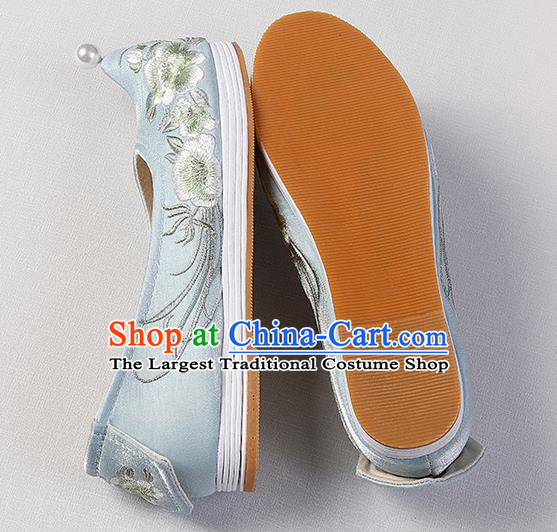 Chinese Handmade Embroidered Peach Blossom Shoes Traditional Hanfu Shoes Blue Satin Bow Shoes
