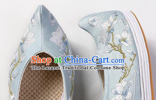 Chinese Traditional Ming Dynasty Hanfu Shoes Blue Satin Bow Shoes Embroidered Mangnolia Shoes