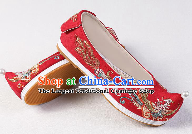 Chinese Handmade Embroidered Phoenix Red Cloth Shoes Traditional Women Shoes Classical Wedding Shoes