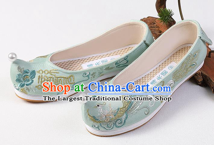 Chinese Traditional Women Shoes Handmade Embroidered Phoenix Green Cloth Shoes Classical Bow Shoes