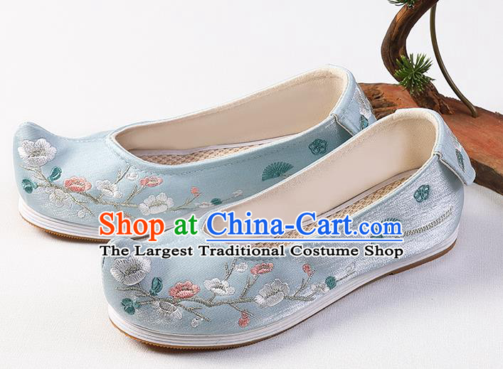 Chinese Traditional Ming Dynasty Blue Satin Shoes Handmade Embroidered Plum Blossom Shoes