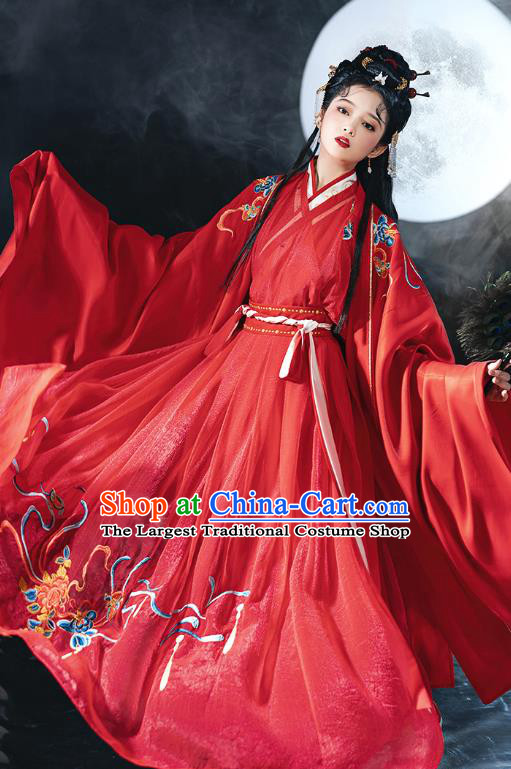 China Ancient Court Woman Red Hanfu Dress Clothing Traditional Jin Dynasty Wedding Historical Costume Complete Set