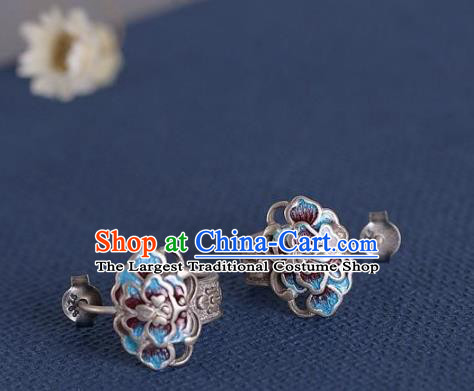 China National Silver Peony Earrings Traditional Cheongsam Blueing Ear Accessories