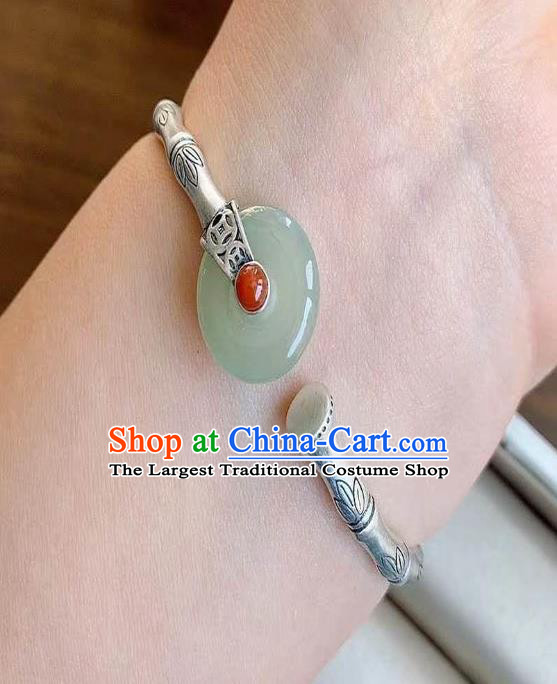 Chinese Handmade Jade Coral Bangle Jewelry Accessories Classical Silver Bamboo Bracelet