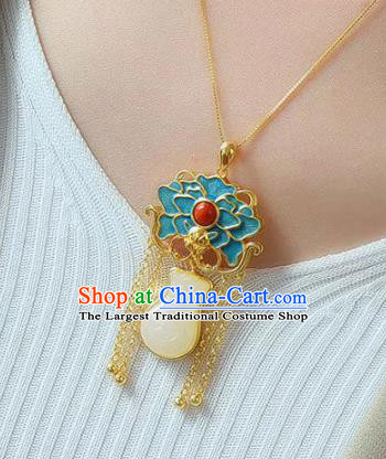 China Handmade Jade Lucky Bag Necklace Jewelry Accessories Traditional Blueing Peony Pendant