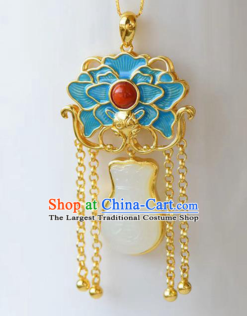 China Handmade Jade Lucky Bag Necklace Jewelry Accessories Traditional Blueing Peony Pendant