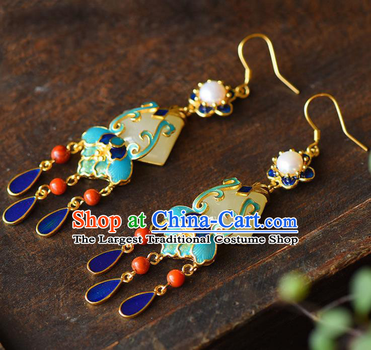 China Traditional Cloisonne Tassel Ear Jewelry Accessories National Cheongsam Pearls Earrings