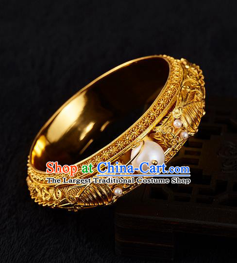 Chinese National Wedding Golden Bracelet Handmade Jewelry Accessories Classical Pearls Bangle