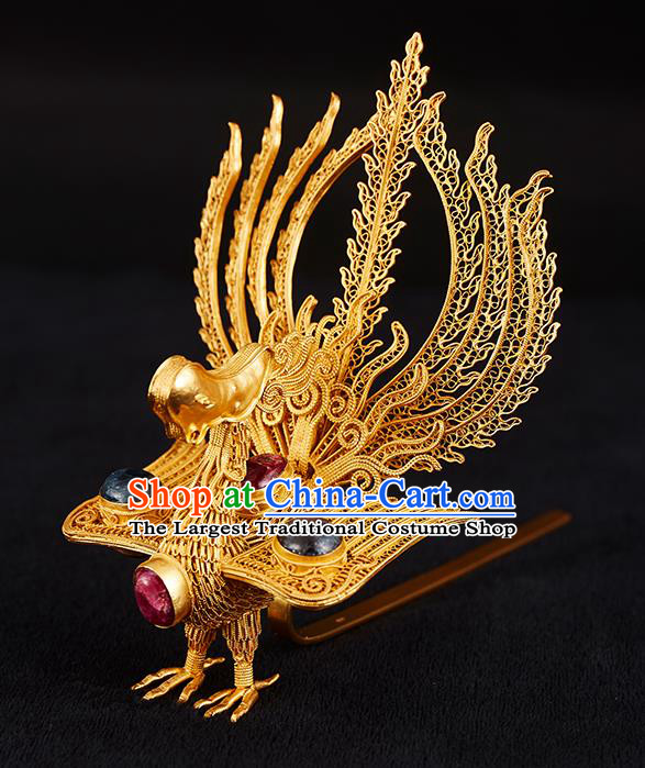 China Handmade Gems Hair Crown Jewelry Accessories Traditional Ming Dynasty Empress Golden Phoenix Hairpin