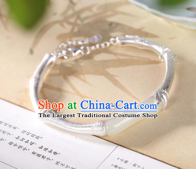 China Handmade Argent Bamboo Bracelet Accessories Traditional White Jade Bangle Jewelry