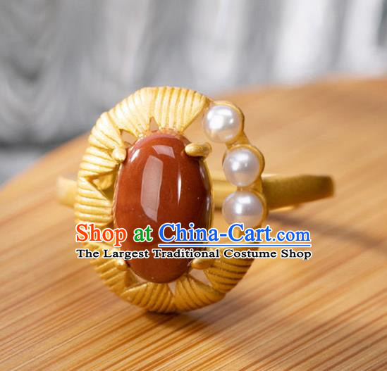 Chinese Classical Pearls Golden Circlet Handmade Jewelry Accessories National Enamel Red Ring