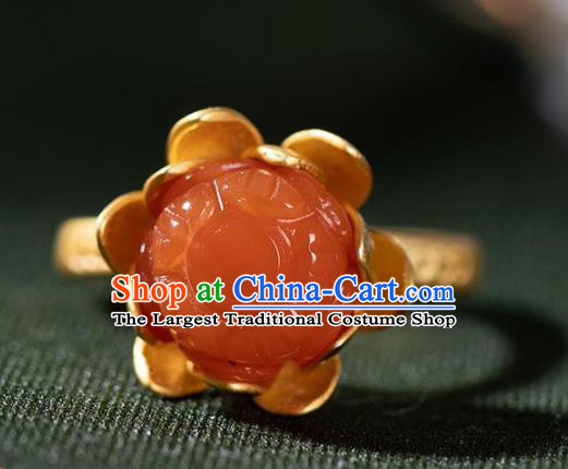 Chinese Classical Agate Lotus Circlet Handmade Jewelry Accessories National Golden Ring