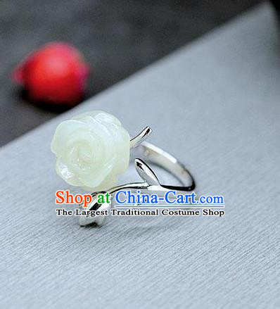 Chinese National White Jade Rose Ring Classical Silver Circlet Handmade Jewelry Accessories