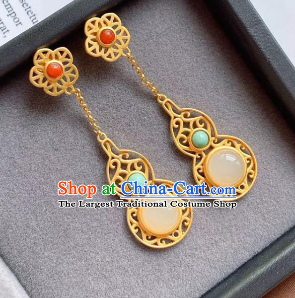 China Traditional Qing Dynasty Golden Gourd Ear Jewelry Accessories National Cheongsam White Chalcedony Earrings