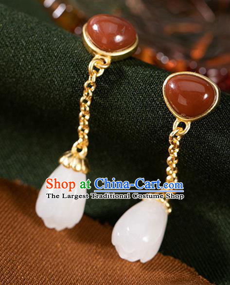 China Traditional Agate Golden Ear Jewelry Accessories National Cheongsam Jade Mangnolia Earrings