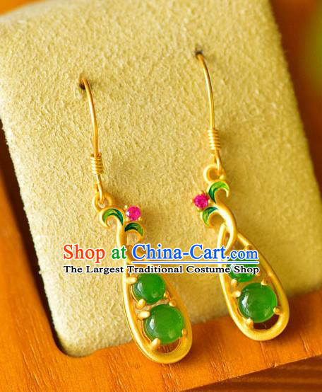 China Traditional Golden Pea Pod Ear Jewelry Accessories Classical Cheongsam Green Jade Earrings