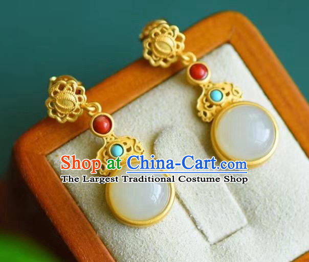 China Traditional Golden Ear Jewelry Accessories Classical Cheongsam Hetian Jade Earrings