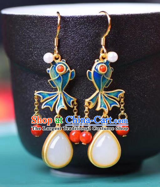 China Traditional Blueing Goldfish Ear Jewelry Accessories Classical Cheongsam Red Beads Tassel Earrings