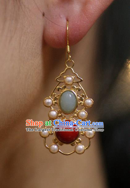 China Traditional Ming Dynasty Empress Ear Jewelry Accessories Handmade Ancient Court Pearls Gems Earrings