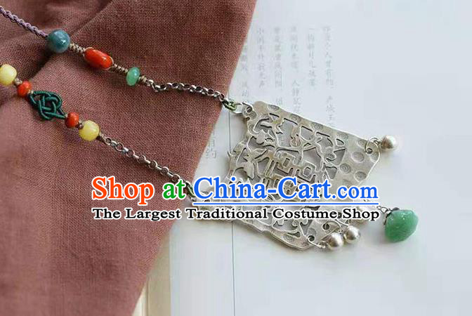 Chinese Classical Wedding Silver Carving Necklace National Handmade Jade Lotus Seedpod Jewelry Accessories Pendant