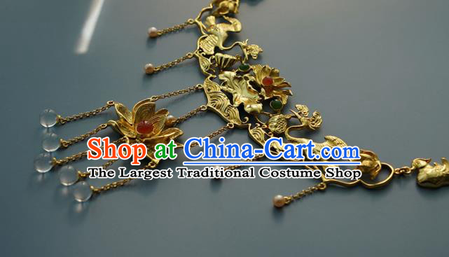 Chinese National Golden Lotus Necklace Handmade Min Dynasty Princess Jewelry Accessories Classical Necklet