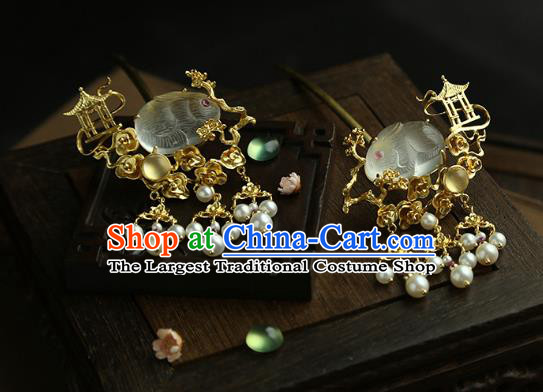 China Traditional Pearls Tassel Hair Stick Handmade Hair Accessories Ming Dynasty Chalcedony Rabbit Hairpin