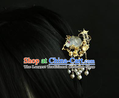 China Traditional Pearls Tassel Hair Stick Handmade Hair Accessories Ming Dynasty Chalcedony Rabbit Hairpin