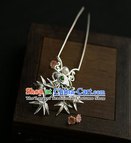China Traditional Silver Bamboo Hair Stick Handmade Hair Accessories Jin Dynasty Pearl Hairpin