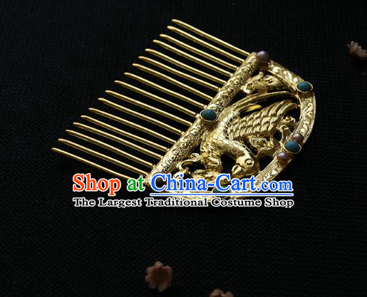 China Tang Dynasty Empress Gems Hairpin Handmade Hair Accessories Traditional Golden Phoenix Hair Comb