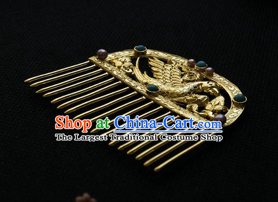 China Tang Dynasty Empress Gems Hairpin Handmade Hair Accessories Traditional Golden Phoenix Hair Comb