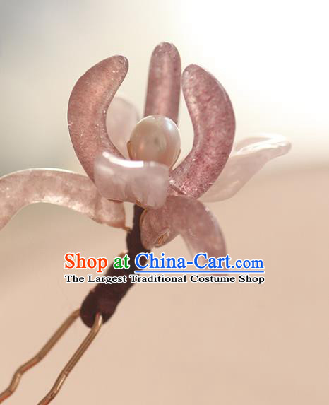 China Traditional Song Dynasty Rose Quartz Orchid Hairpin Ancient Princess Hair Stick Handmade Hair Accessories