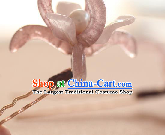China Traditional Song Dynasty Rose Quartz Orchid Hairpin Ancient Princess Hair Stick Handmade Hair Accessories