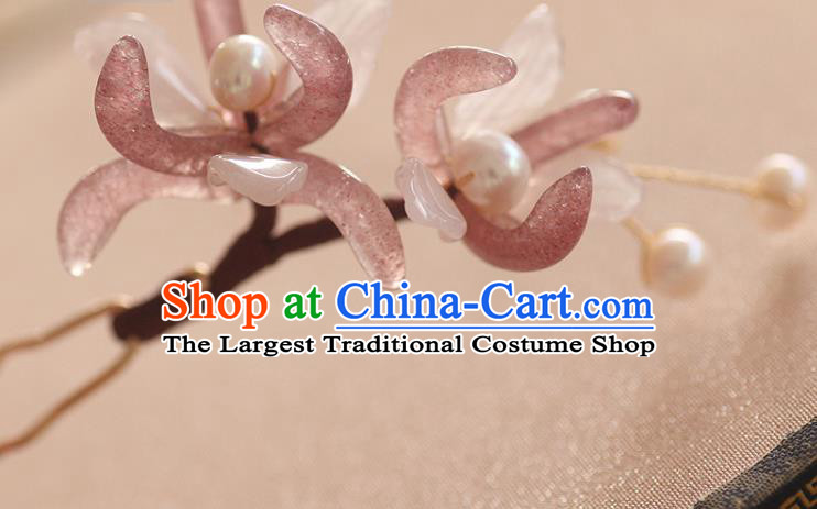 China Ancient Princess Pearls Hair Stick Handmade Hair Accessories Traditional Song Dynasty Rose Quartz Orchids Hairpin