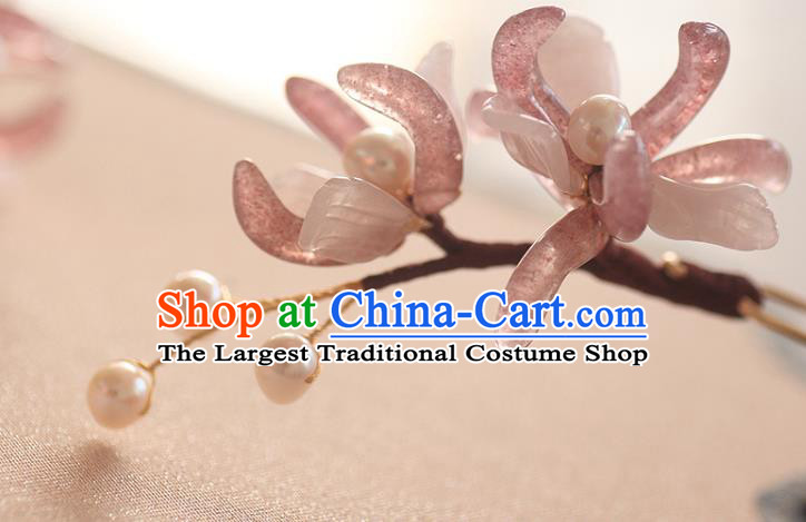 China Ancient Princess Pearls Hair Stick Handmade Hair Accessories Traditional Song Dynasty Rose Quartz Orchids Hairpin