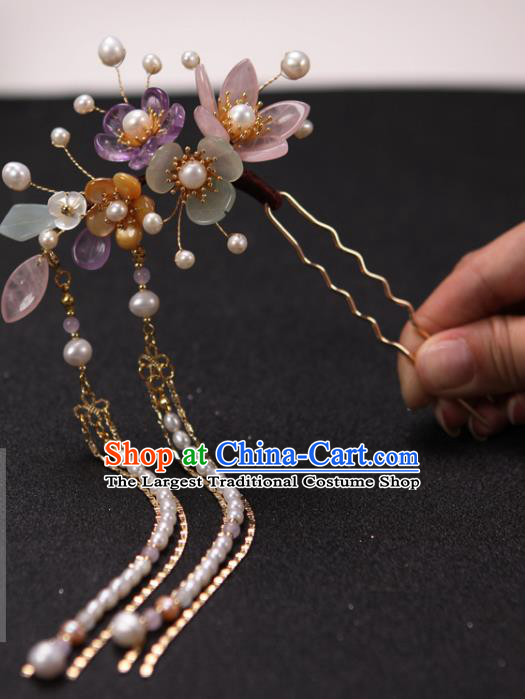 China Traditional Ming Dynasty Pearls Tassel Hairpin Handmade Hair Accessories Ancient Princess Plum Blossom Hair Stick