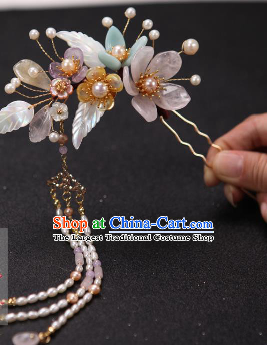 China Ancient Princess Pearls Tassel Hair Stick Handmade Hair Accessories Traditional Ming Dynasty Shell Leaf Hairpin