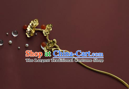 China Traditional Court Lady Agate Beads Hairpin Handmade Hair Accessories Song Dynasty Golden Hair Stick