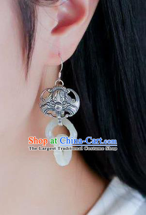 Handmade China Silver Carving Bat Ear Jewelry Accessories Traditional National Cheongsam Jade Bamboo Earrings