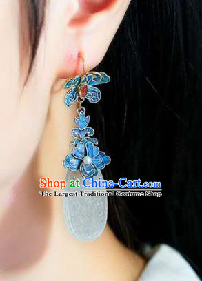 Handmade China Court Jade Ear Jewelry Accessories Traditional National Cheongsam Blueing Peony Earrings