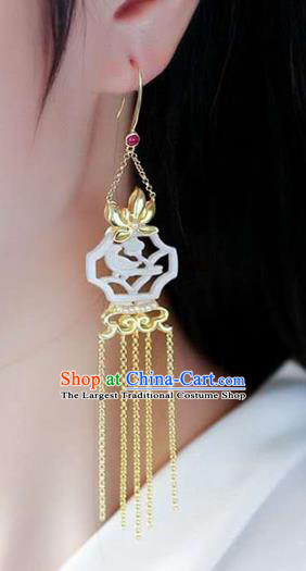 Handmade China Jade Carving Ear Jewelry Accessories Traditional National Cheongsam Golden Orchids Earrings