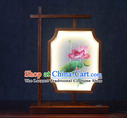 Chinese Handmade Rosewood Table Screen Traditional Embroidered Lotus Lantern National Desk Ornament