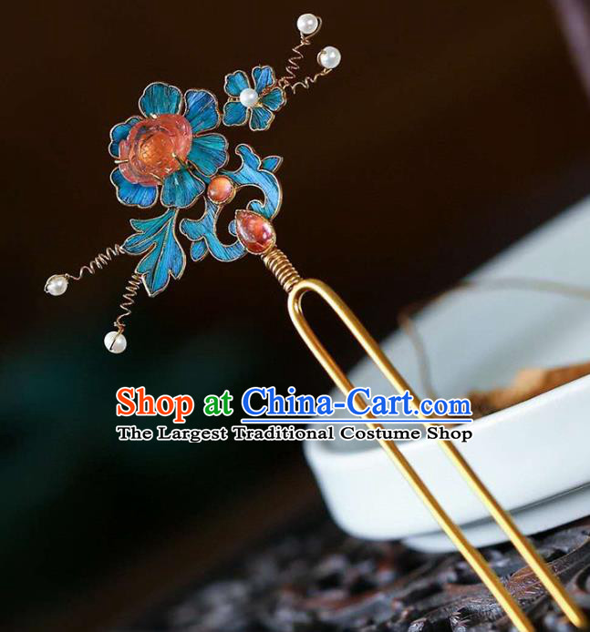 Chinese Traditional Blueing Peony Hair Jewelry Handmade Qing Dynasty Empress Tourmaline Hairpin