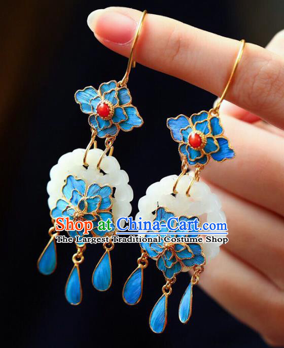 Handmade China National Cheongsam Jade Flower Earrings Traditional Jewelry Accessories Agate Eardrop