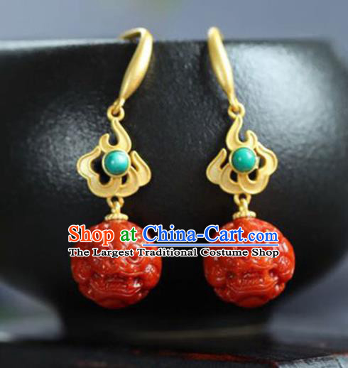 Handmade China Agate Carving Lion Eardrop Accessories Traditional Jade Jewelry National Cheongsam Calaite Earrings